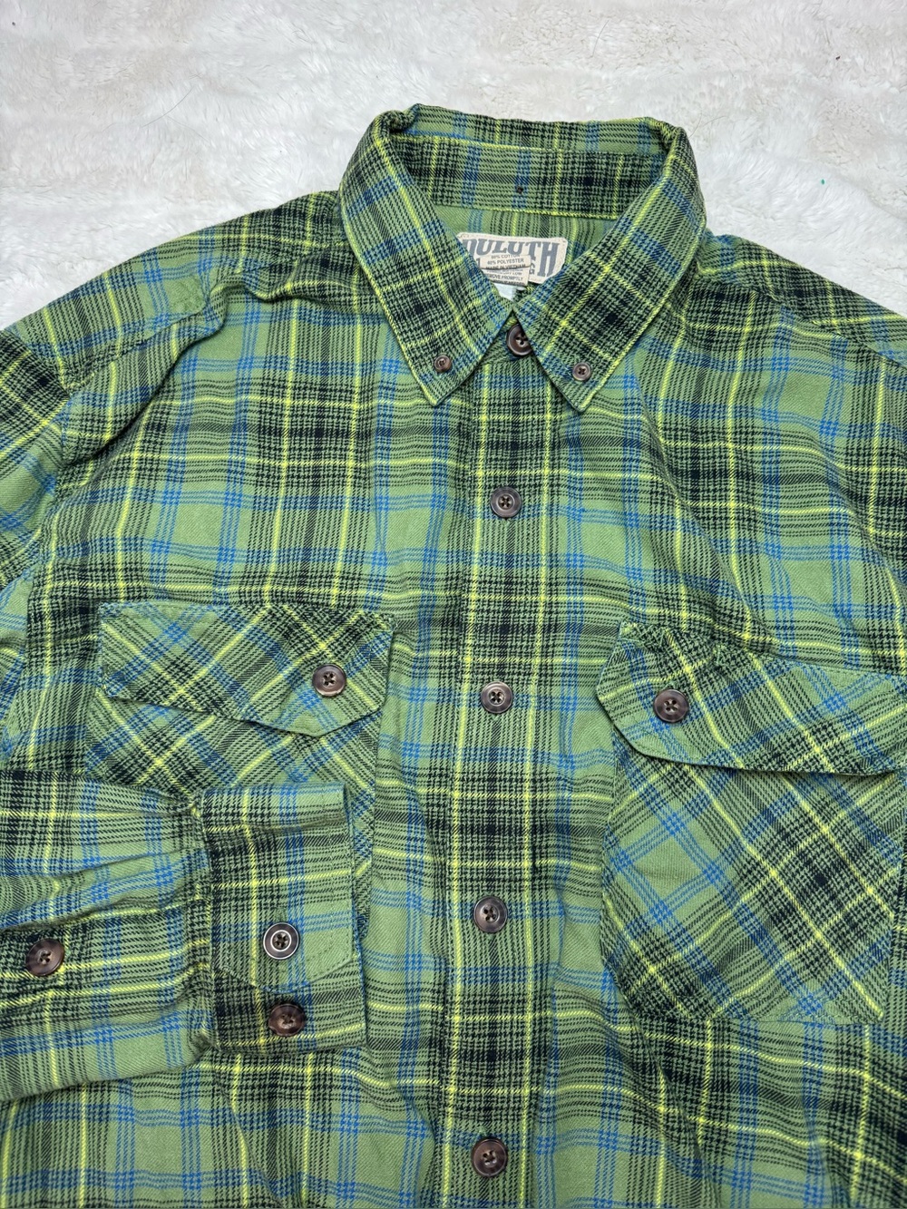 Duluth Trading Co Green Plaid Button-Down Shirt with Blue Accents